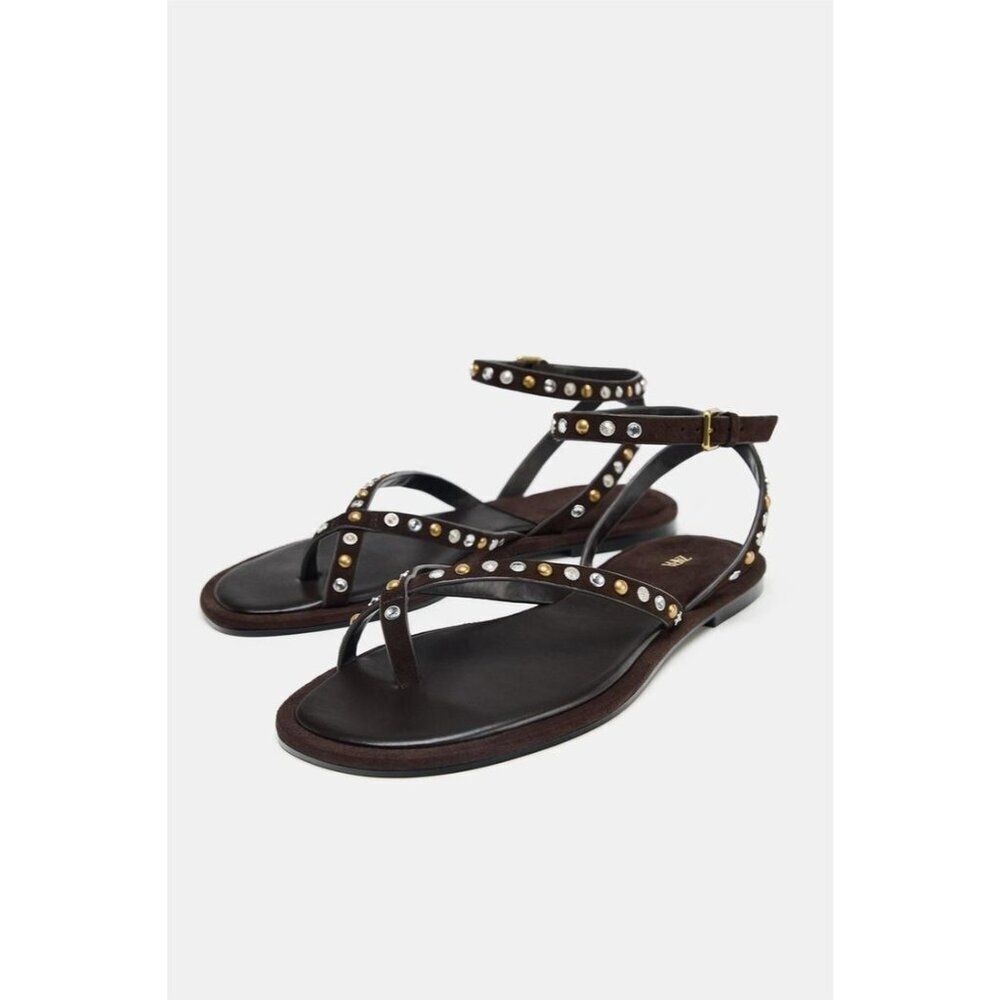 Zara Women Beaded Leather Sandals EU 41 US 10 Brown Ankle strap 1614/610 NWOB - Picture 1 of 11
